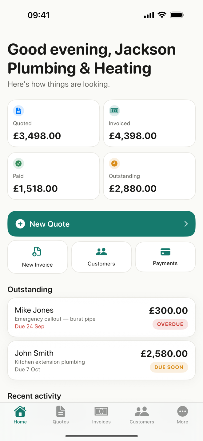 Shrew home screen showing quoted, invoiced, paid and outstanding totals