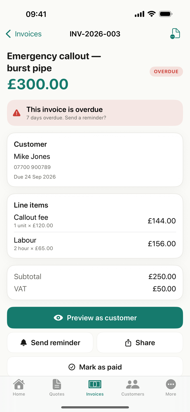 An overdue invoice with a send reminder button