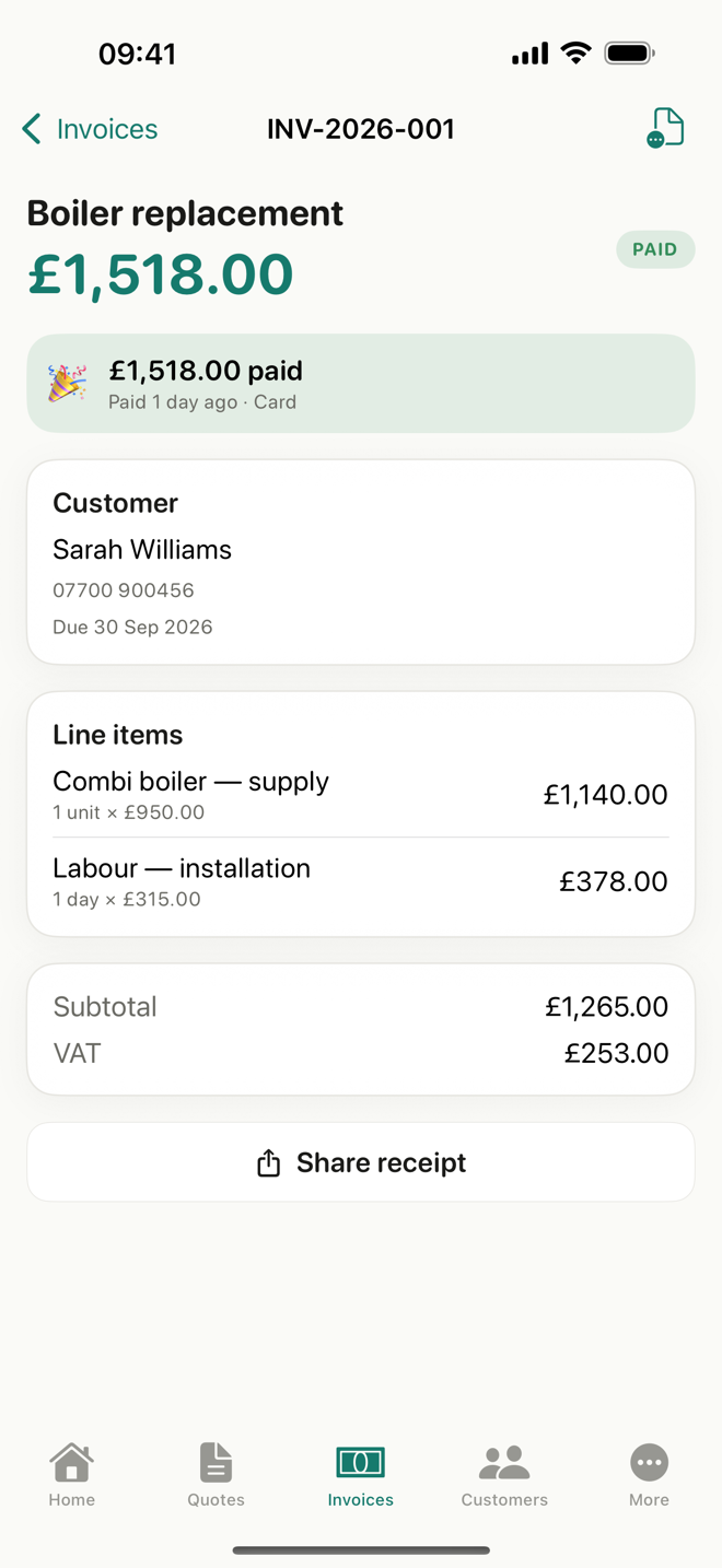 A paid invoice in Shrew