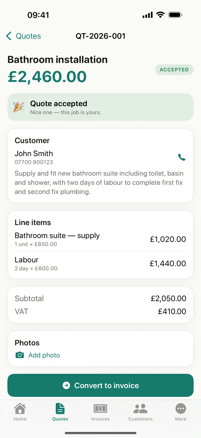 An accepted quote ready to convert to an invoice